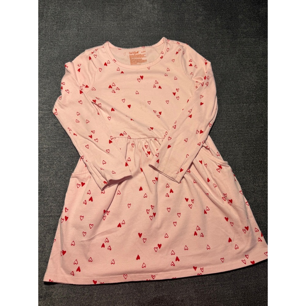 Cat & Jack Girls Pink Red Heart Print Long Sleeve Pocket Dress XS 4/5